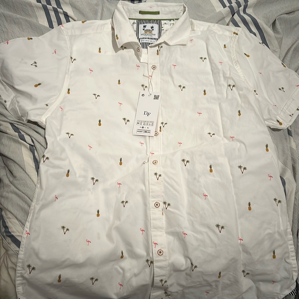 Men’s button-down shirt with palm trees, pineapples, and flamingos